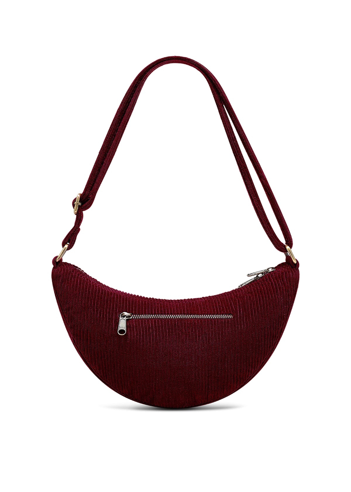 Hindbag Back view, rear zip pocket set against ribbed corduroy texture