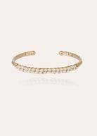 Gas Bijoux Lyre bangle in engraved gold-plated metal set with white mother-of-pearl pearls