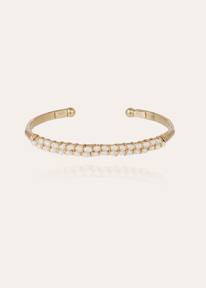 Gas Bijoux Gas Bijoux Lyre bangle in engraved gold-plated metal set with white mother-of-pearl pearls