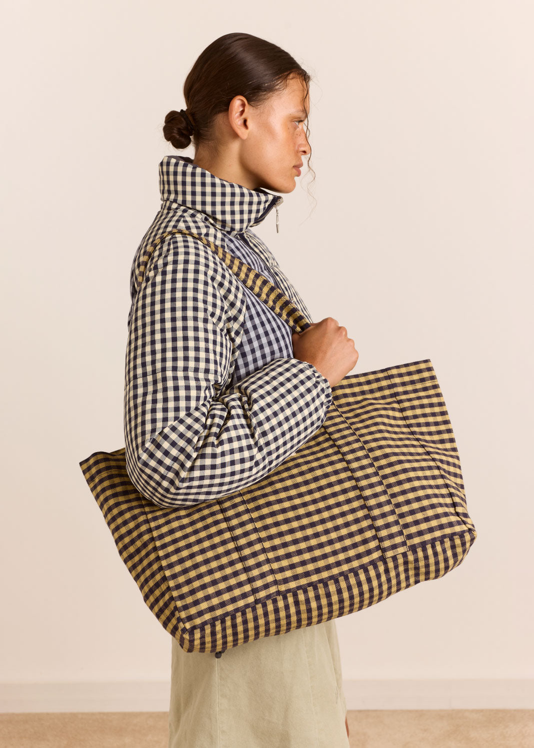 Damson Madder Tote Bag - Tan/Navy Gingham