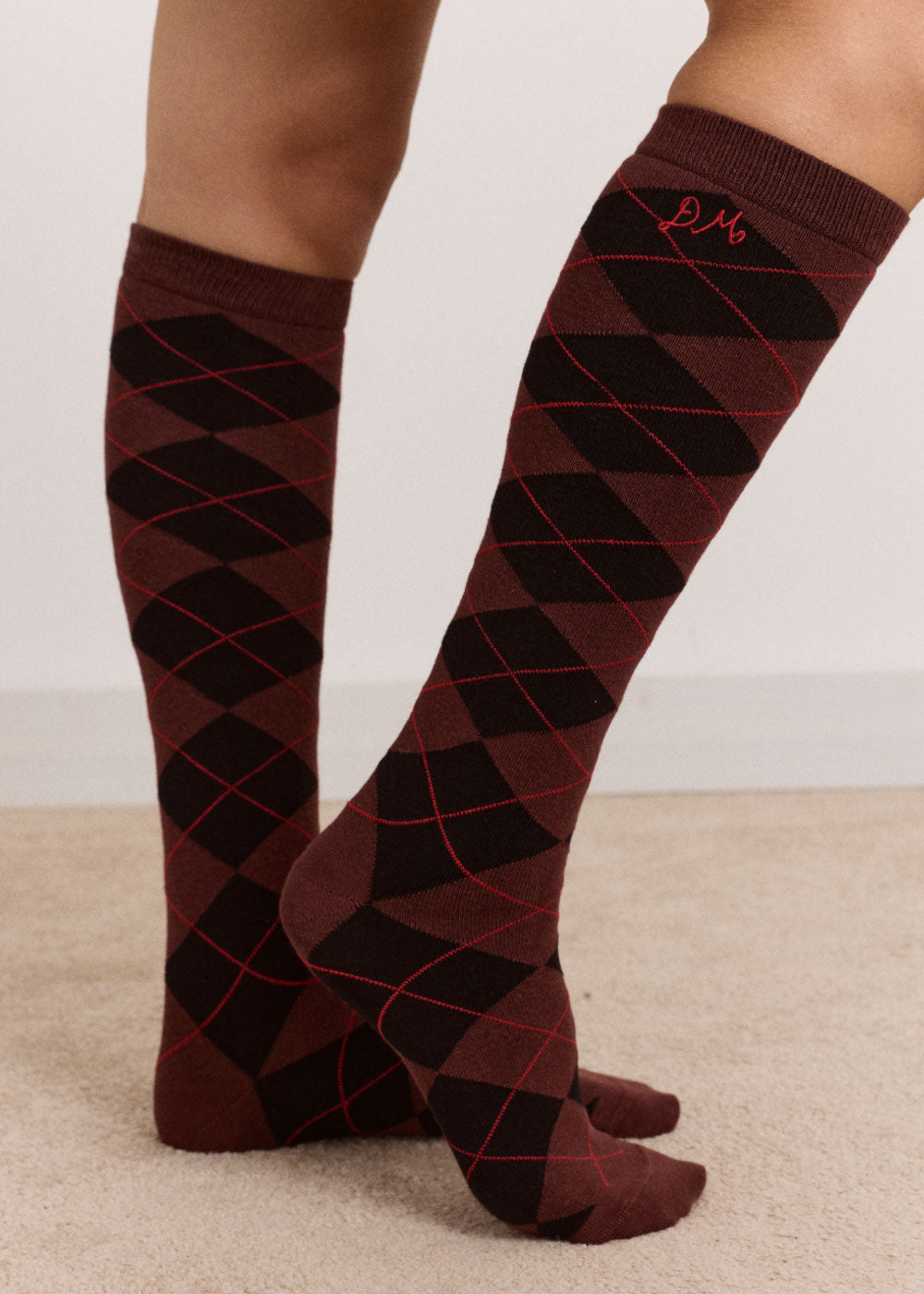 Damson Madder Knee Length Socks - Choc Argyle