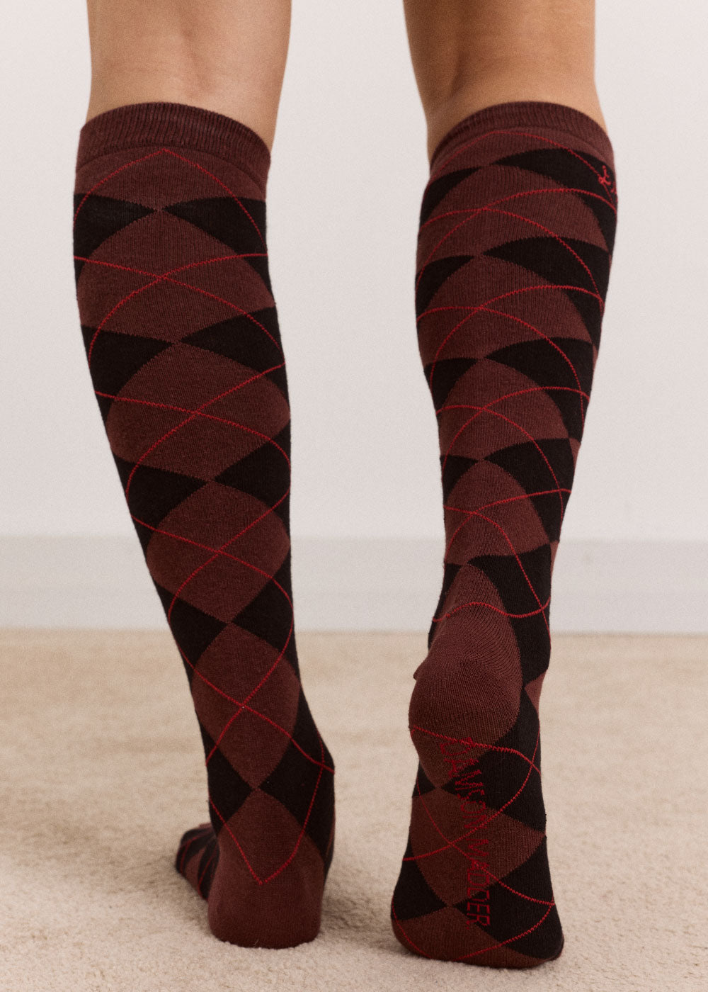 Damson Madder Knee Length Socks - Choc Argyle