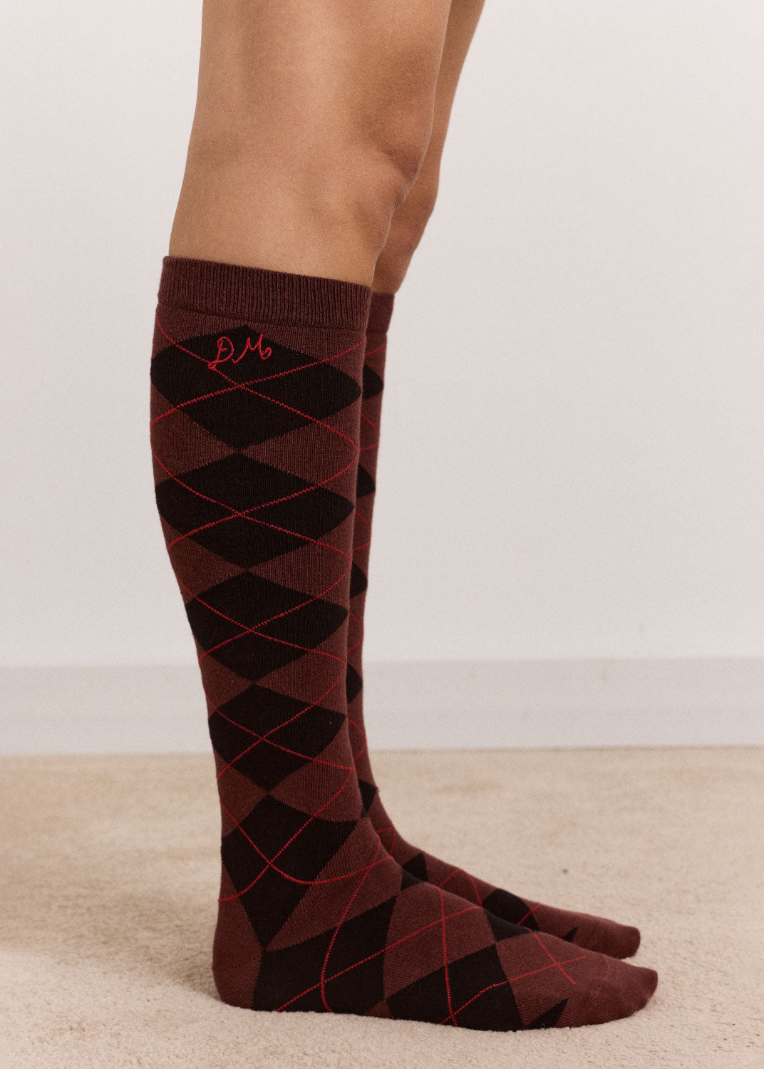 Damson Madder Knee Length Socks - Choc Argyle
