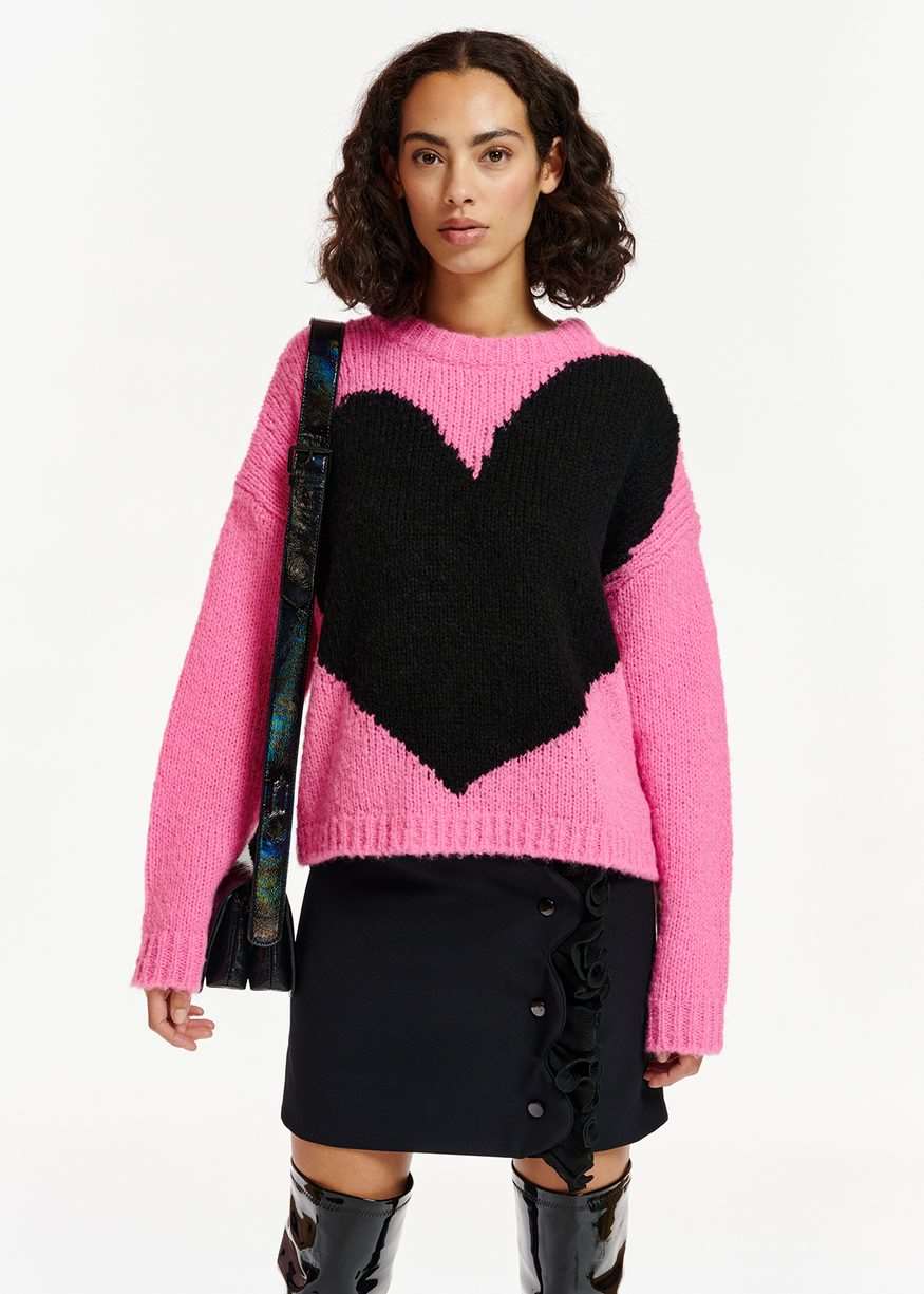 Essentiel Antwerp - Egeria - Pink and Black Heart Intarsia-knit Sweater