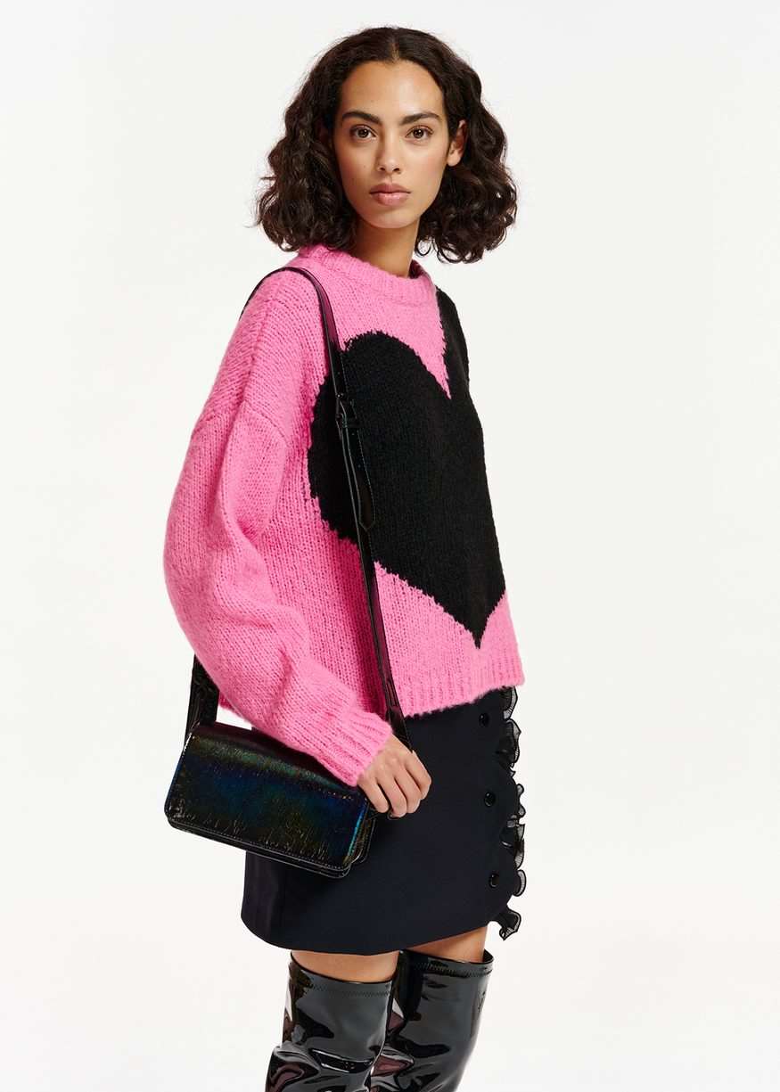 Essentiel Antwerp - Egeria - Pink and Black Heart Intarsia-knit Sweater