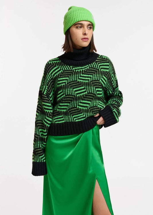 Essentiel Antwerp - Expat - Black and Neon Jacquard-knitted Sweater