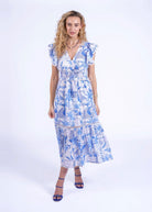 New Day Originals Misha midi dress in paradise blue palm and arch print