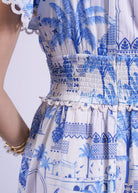Bodice and waist detail, scalloped lace trim above the smocked band