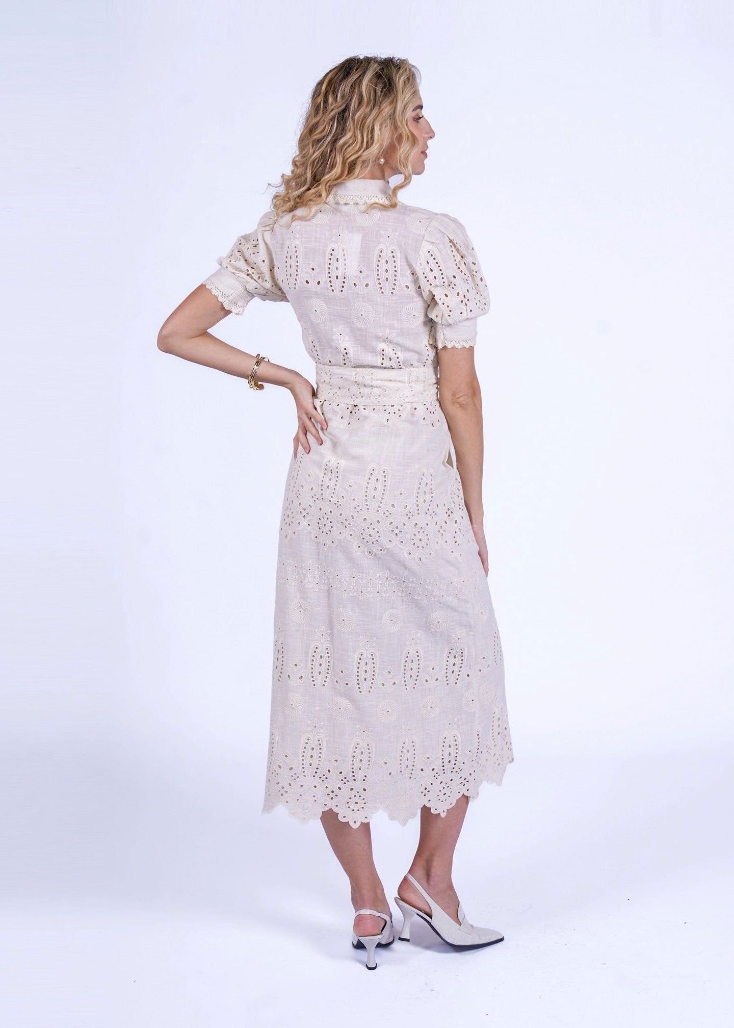 New Day Originals Back view, scalloped collar and tie-belt over eyelet patterns down the skirt