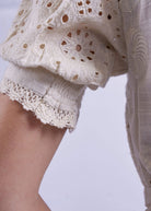 Puff sleeve cuff close-up, crochet lace trim and open eyelet motifs