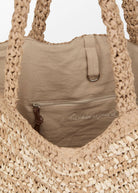Open top view, taupe canvas lining and inner zipped pocket