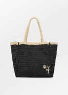BeckSöndergaard Tota paper straw beach tote in black with natural trim and rose embroidery