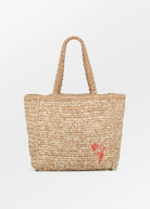BeckSöndergaard Tota paper straw beach tote in nature with red rose embroidery