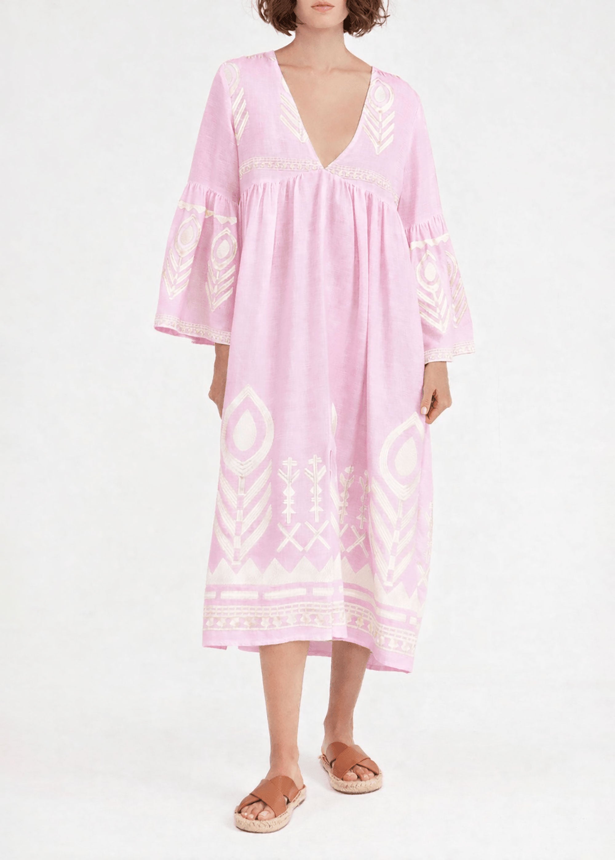 Greek Archaic Kori Greek Archaic Kori Feather midi dress in pale pink linen with gold peacock-feather embroidery