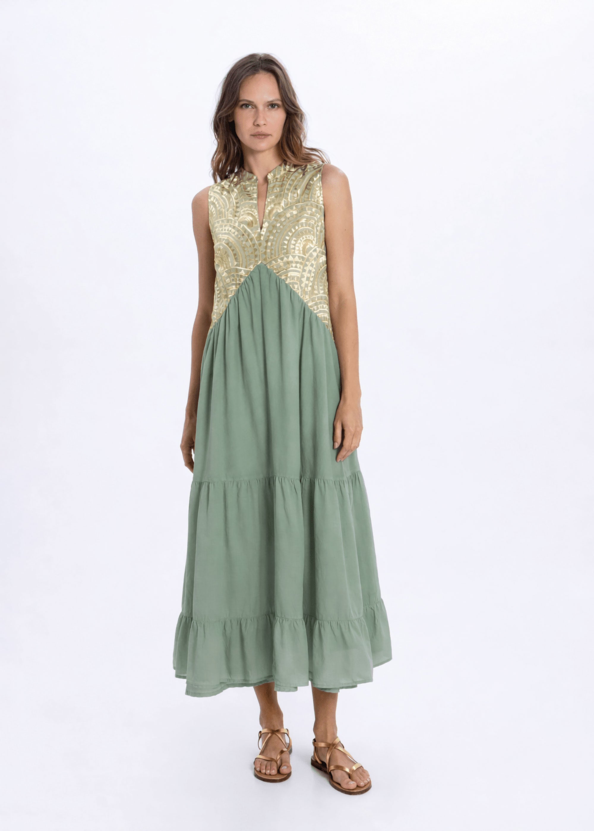 Greek Archaic Kori New Triangle Long Dress - Sage/ Gold