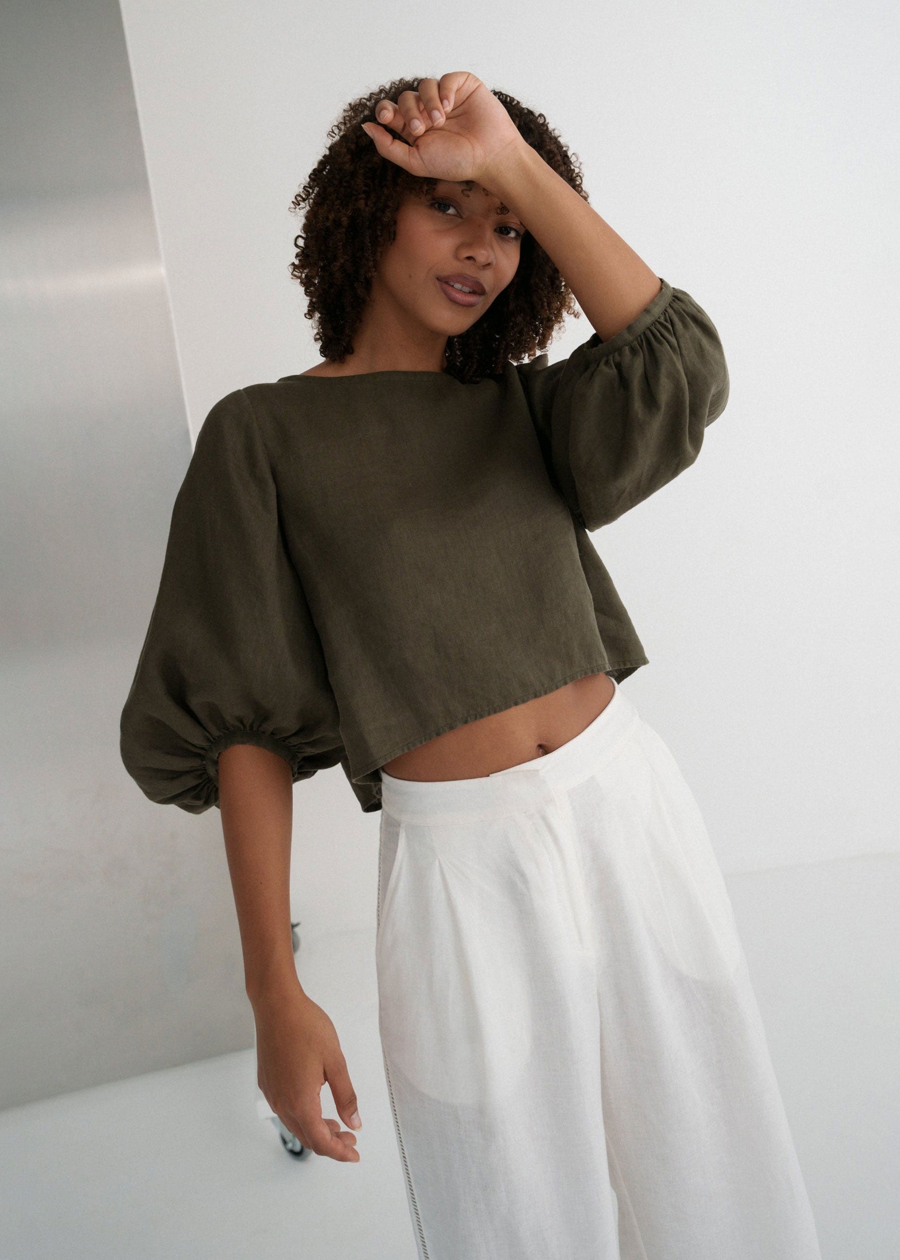 Lilly Pilly Demi Linen Top - Khaki