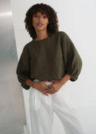 Lilly Pilly Demi linen top in khaki, cropped boat neck with elbow balloon sleeves