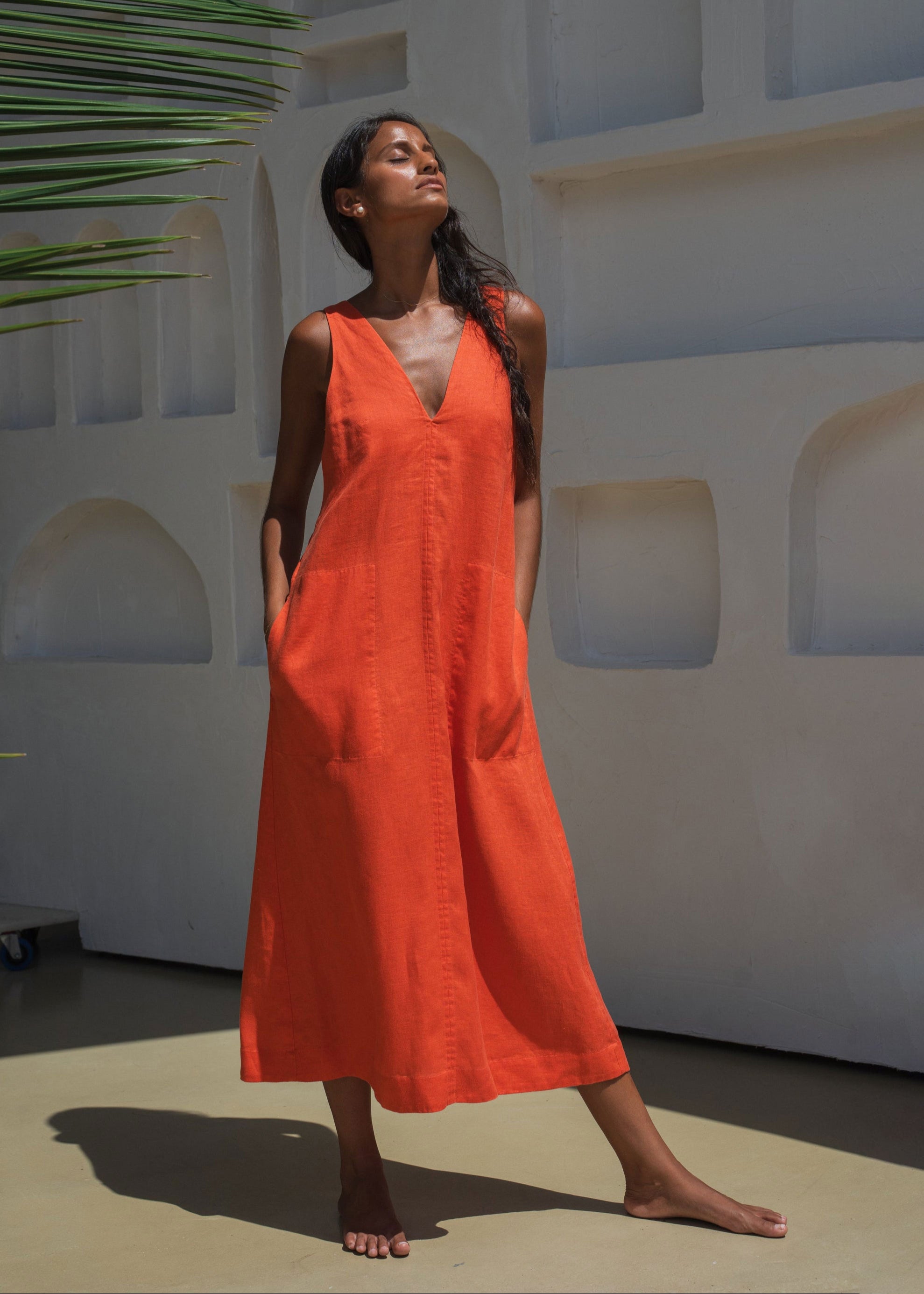 Lilly Pilly Lilly Pilly Iris linen midi dress in spritz orange, sleeveless V-neck with patch pockets