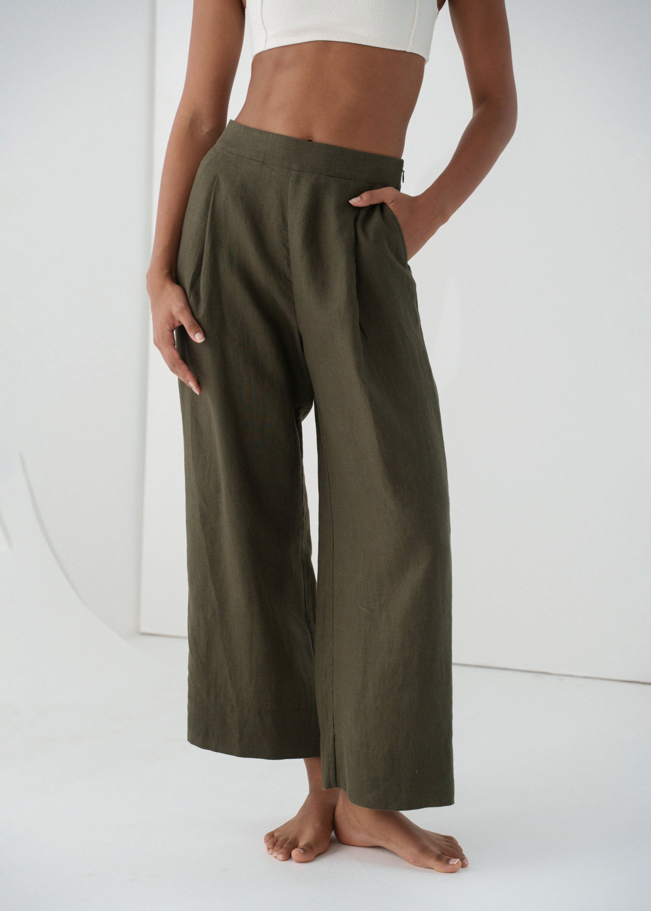 Lilly Pilly Ivy Linen Cropped Pants - Khaki