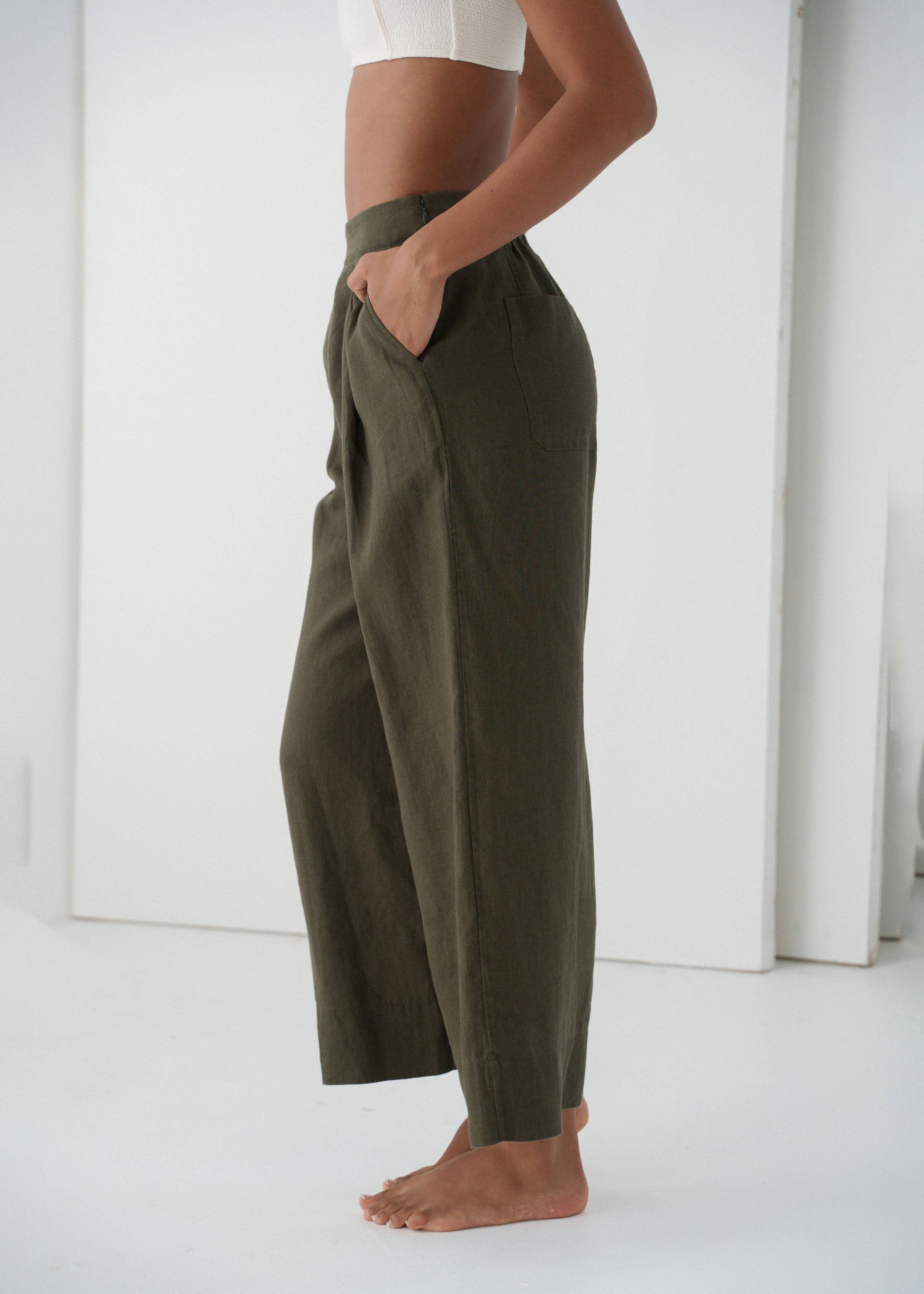 Lilly Pilly Ivy Linen Cropped Pants - Khaki