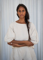 Lilly Pilly Leia linen top in oatmeal, boat neck with balloon sleeves and curved hem