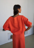 Back view, boxy cut with tuck pleats at the elbow