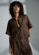 Lilly Pilly Nika linen shirt in chocolate, cropped boxy cut with contrast white topstitching