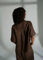 Back view, yoke seam with contrast topstitching across the shoulders