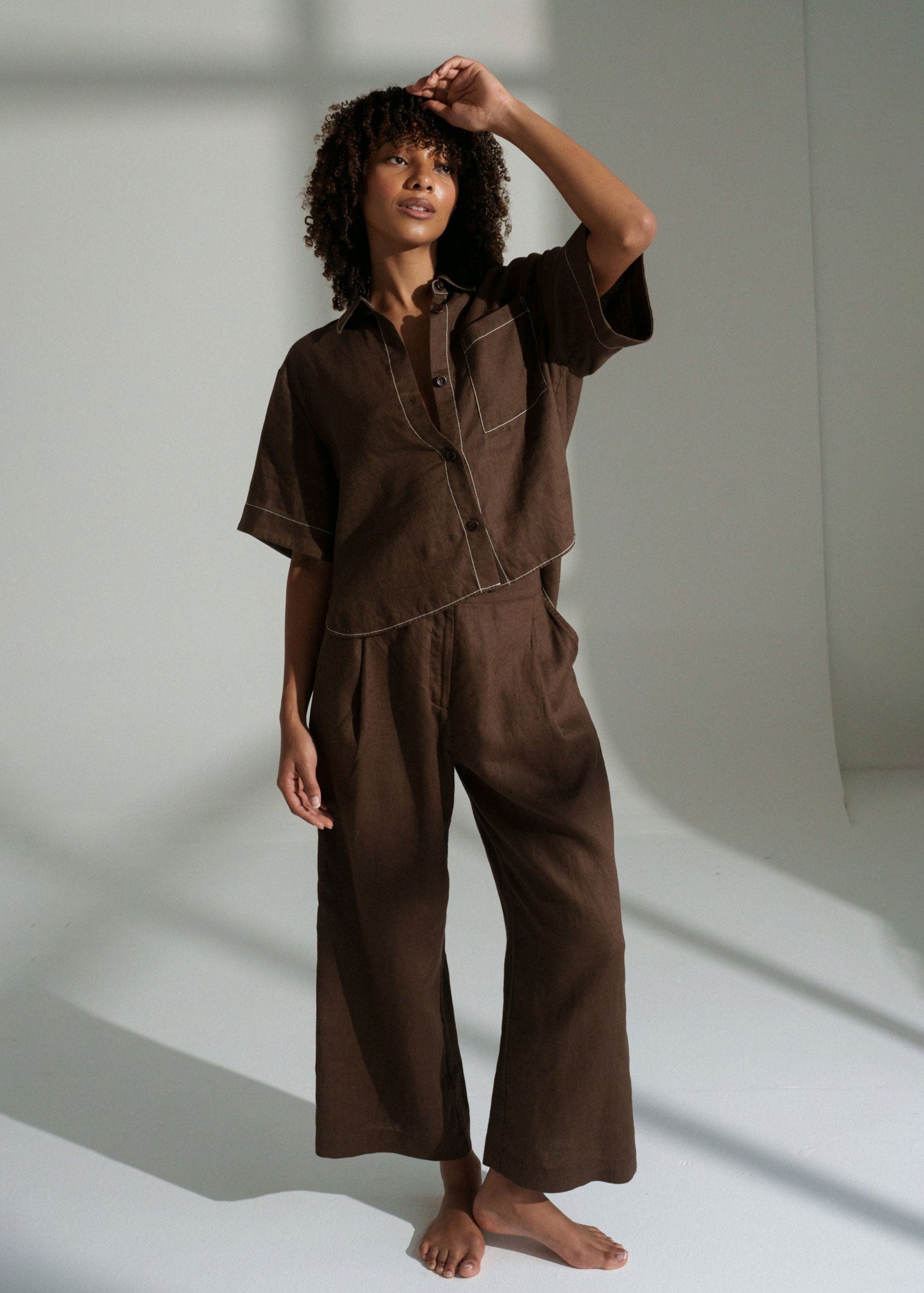 Lilly Pilly Lilly Pilly Rika linen trousers in chocolate, straight wide leg with elasticated waist