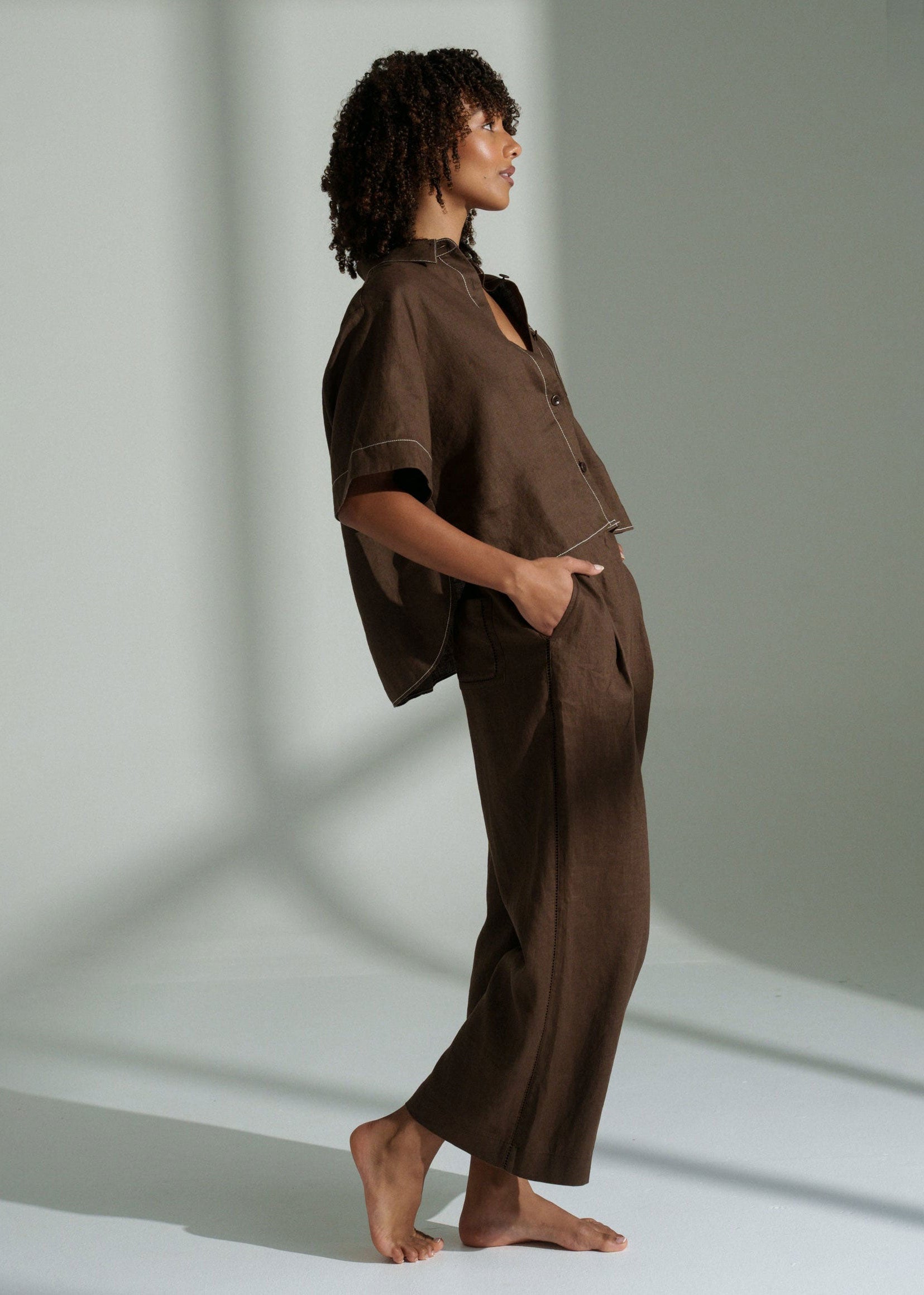 Lilly Pilly Side profile, full length linen drape over bare feet