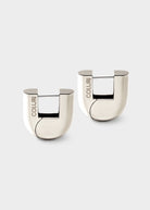 Coluri Lorde statement earrings in silver, chunky U-shaped hoops with engraved logo