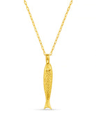 Orelia Textured fish charm necklace in gold, mid-length chain with etched fish pendant