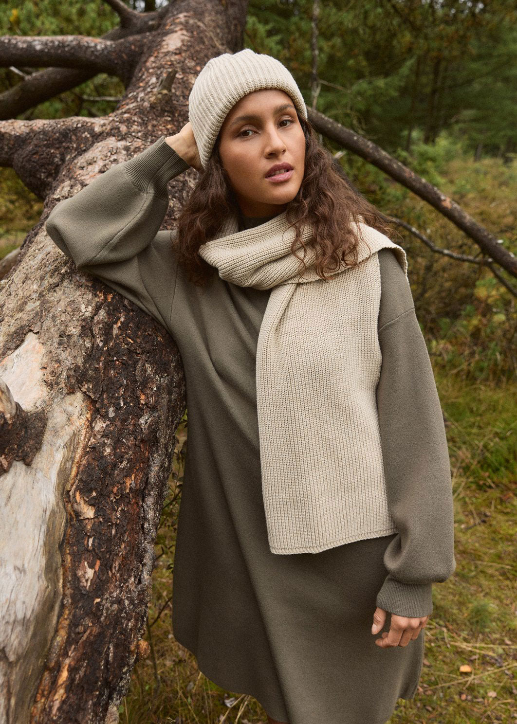 MSCH Copenhagen Worn with the matching rib knit scarf over an olive green knit dress