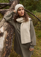 Worn with the matching rib knit scarf over an olive green knit dress
