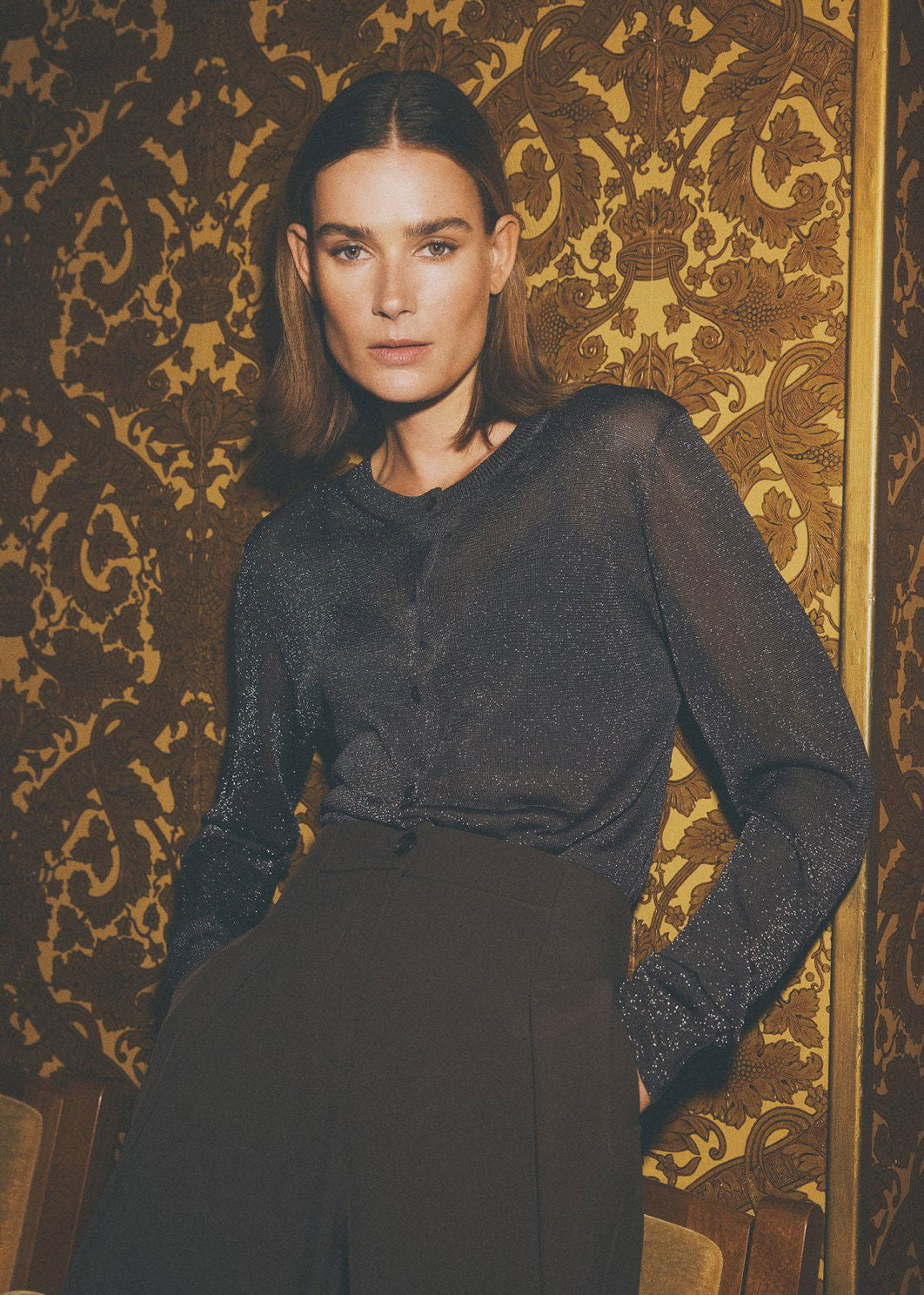 MSCH Copenhagen MSCH Copenhagen Shirley cardigan in dark brown, sheer silver lurex knit with covered buttons