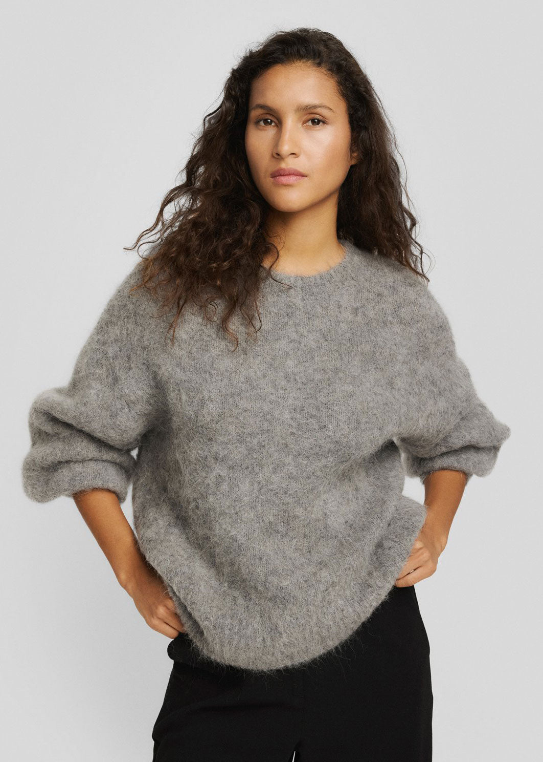MSCH Copenhagen MSCH Copenhagen Tila Salmia pullover in heathered grey, fluffy brushed knit with balloon sleeves