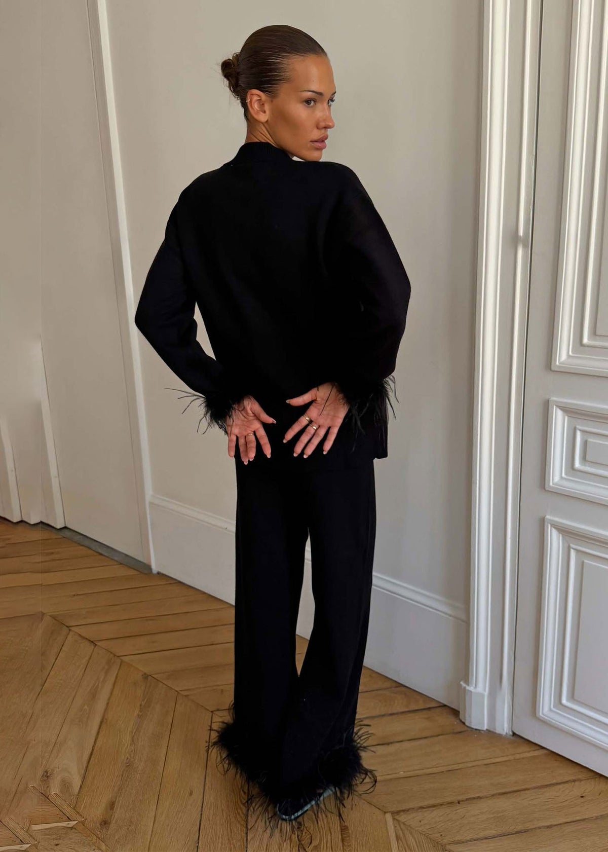 Never Fully Dressed Side back angle with feathered cuffs and ankle hems
