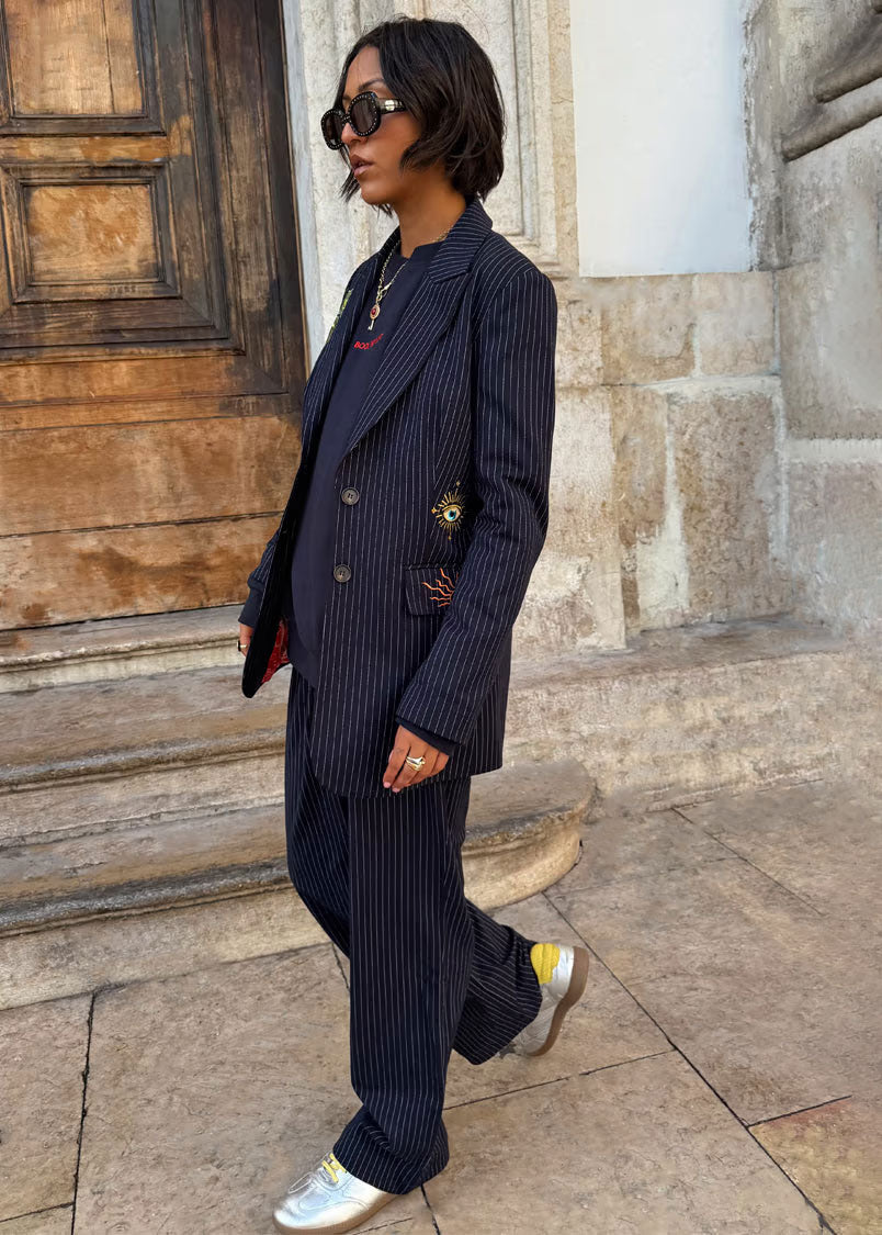 Never Fully Dressed Navy Pinstripe Arden Trousers