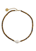 By Alona Vivienne necklace, tigers eye beads strung with a baroque pearl drop
