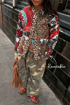 Reversible jacket with an animated arrow pointing out the leopard lining