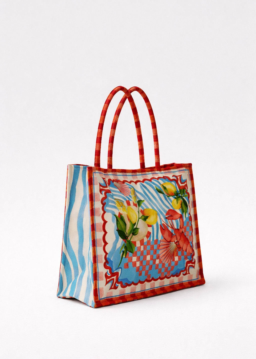 NOIB Side view, Summer Zest print tote with magnetic snap closure