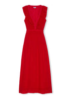 Flat-lay showing the V-neck ruffle frame and tiered maxi skirt