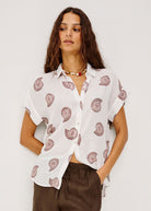 Rails Farrah shirt in white linen with burgundy spiral shell print and cuffed cap sleeves