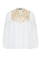 Flat ghost shot, balloon sleeves and embroidered front yoke panel