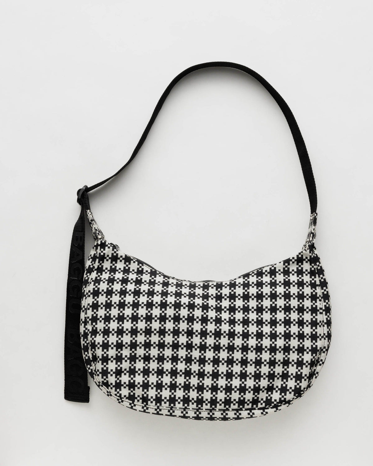 BAGGU - Medium Nylon Crescent Bag -  Black and White Pixel Gingham