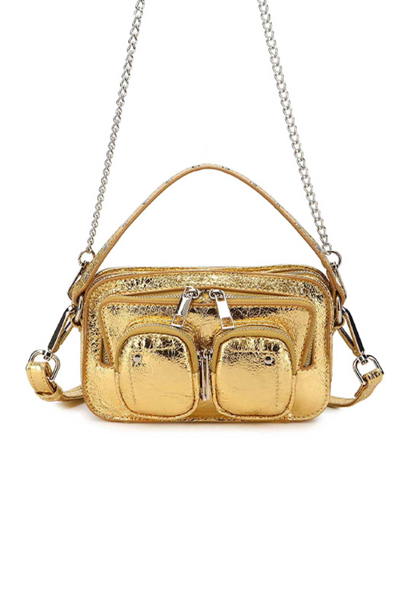 Helena has a large compartment with an inner pocket, and two small pockets located on the front. The bag has silver details. A chain and an adjustable strap for the bag are included. These are removable.