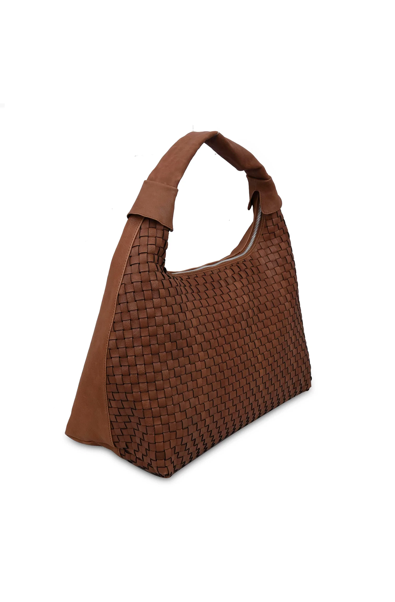 This stylist maxi dandy bag is braided brown leather and has a main compartment with a zip closure.