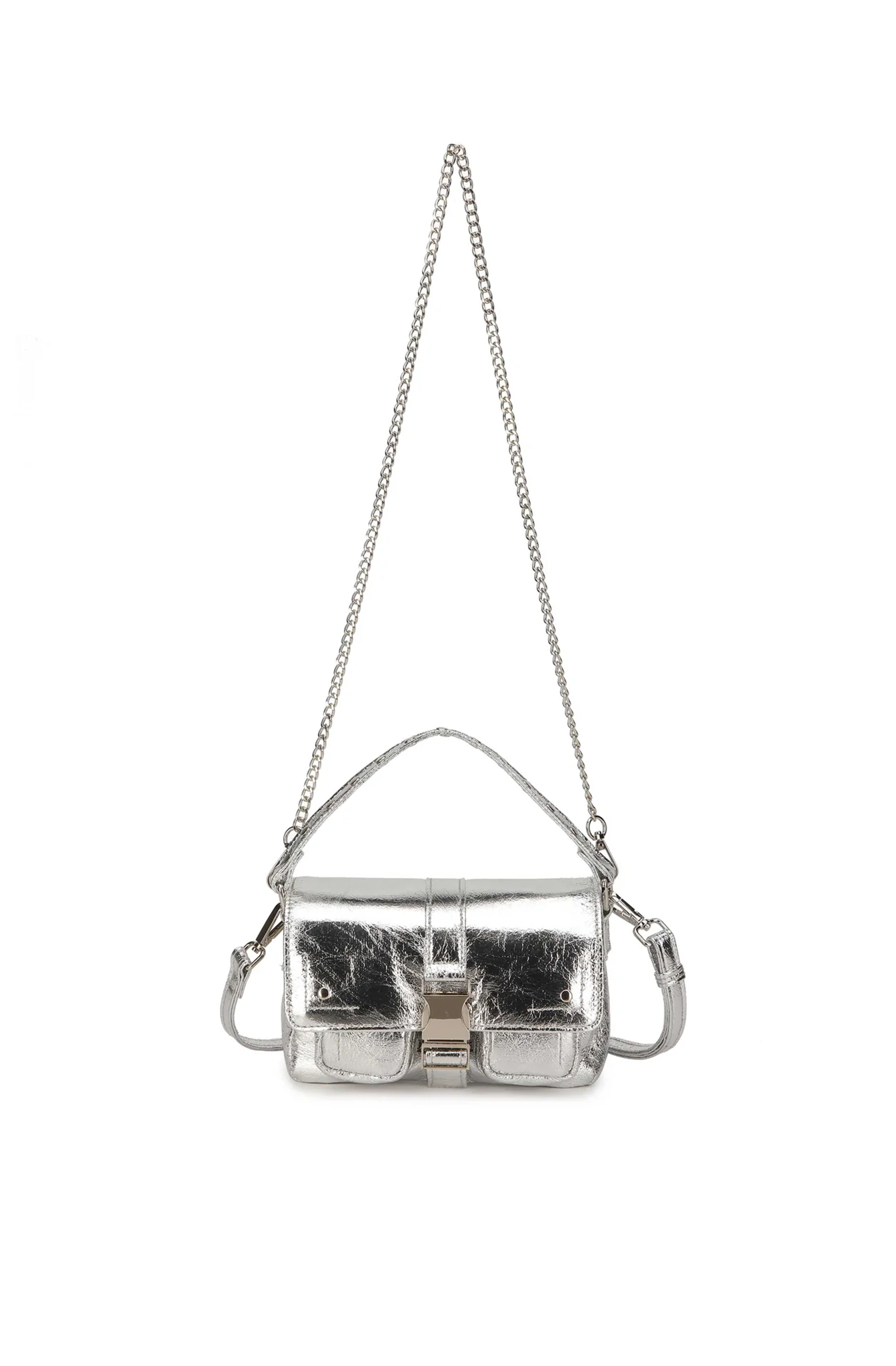 Mini Hilma cross bosy bag by Nunoo closes with a buckle. The bag has two open compartments. The bag comes with a chain and an adjustable strap.