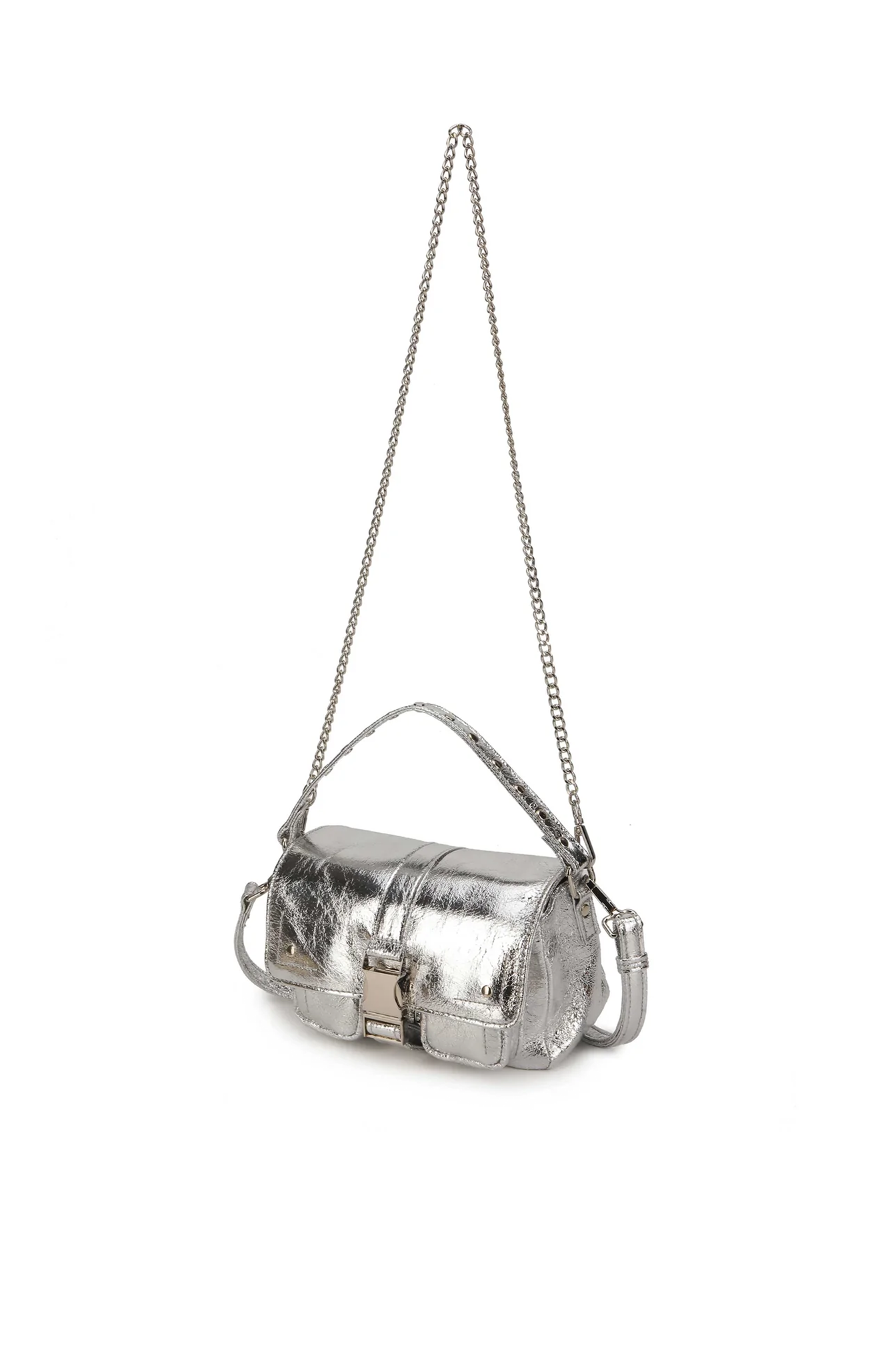 Mini Hilma cross bosy bag by Nunoo closes with a buckle. The bag has two open compartments. The bag comes with a chain and an adjustable strap.