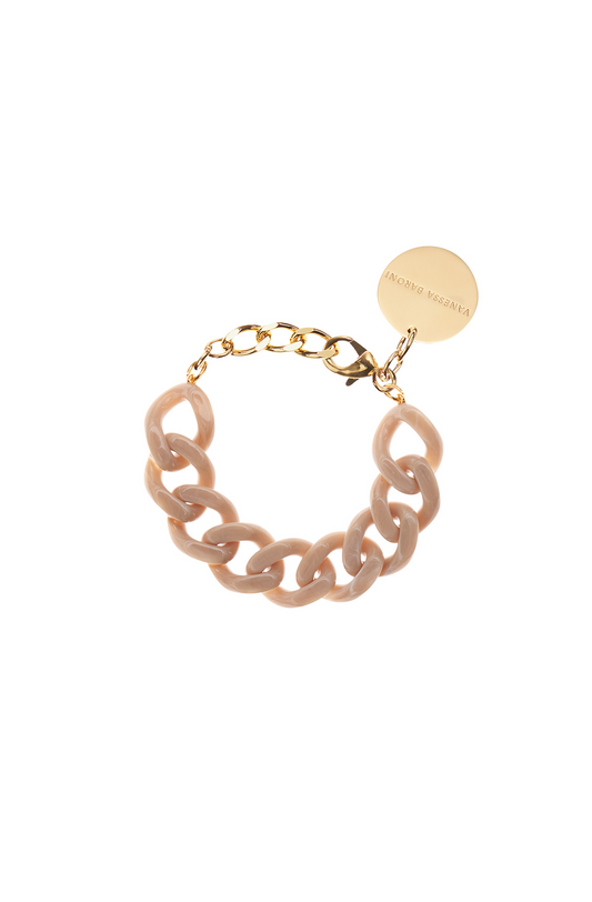 sand chunky womens chain bracelet. As powerful as it is reserved. This bracelet is a companion for moments of all kinds. Opulent and feather-light acetate links nestle delicately around your wrist without you noticing.   Made in Italy. Measurments: Length: 20 to 22 cm (adjustable) Width: approx. 2 cm Weight: approx. 30 g - very light and hardly noticeable when worn!